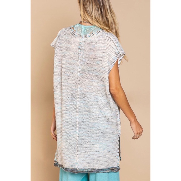 POL Ivory & Blue Multi V Neck Button Front Cap Sleeve Long Cardigan - Picture 5 of 8